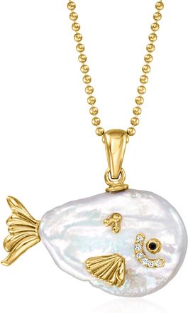 Ross-Simons 4-20mm Cultured Baroque Pearl Fish Pendant Necklace With White Topaz and Single Black Spinel in 18kt Gold Over Sterling