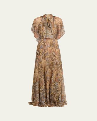 Etro Paisley Animal-Print Silk Chiffon Neck-Scarf Maxi Dress