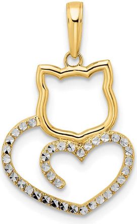 Diamond2Deal 14k Yellow Gold White Rhodium Diamond-cut Cat Heart Pendant