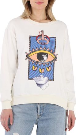 Roberto Cavalli Ladies White Cotton Blend Lucky Symbol Print Sweatshirt, Brand Size 38 ( US Size 4 )