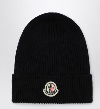 Moncler Blue wool beanie with logo patch