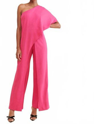 Adrianna Papell One-Shoulder Floor-Length Crepe Prom Sheath Jumpsuit In Watermelon Bliss