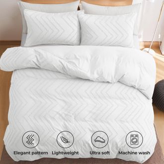 Puredown High Quality 3 Piece Wave Clipped Duvet Cover Set with Zipper Closure White