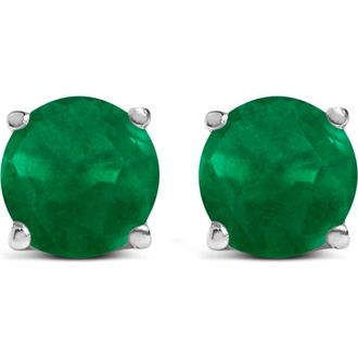 House of Brilliance 14K Gold 5X5MM Round Birthstone Solitaire Stud Earrings in Green Emerald | White at Nordstrom