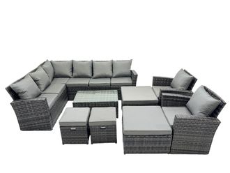 Fimous 12 Seat Rattan High Back Corner Sofa Set Patio Coffee Table Sets in Dark Grey