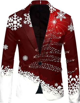 Generic Mens Christmas Suit Xmas Tree Printed Party Lapel Single Button Long Sleeved Suit Mens Christmas Suits Slim Fit Lapel One Button Holiday Party Outdoor