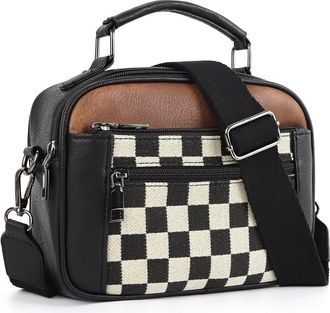 Generic Crossbody Bag for Women Checkered Shoulder Bag PU Leather with Multi-Pocket Top Handle Bag Zipper Closure Satchel Purse for Work Travel (Black)