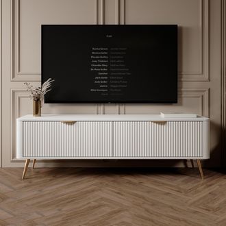 Dmora Mueble Para Tv Kalase, 2 Estantes, 2 Puertas, Efecto Rayado En Patas, 163x38x51h Cm Blanco