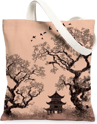 Generic Vintage Artistic Canvas Tote Bags, Elegant Tree and Pagoda Pattern Reusable Shopping Bags, Lightweight Washable Shoulder St, Peach, 13x15 Inch