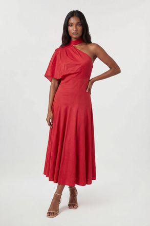 Karen Millen Womens Premium Tailored Linen High Neck One Shoulder Full Midi Dress - Red Viscose - Size 10 UK