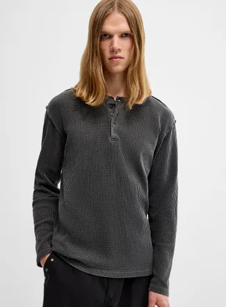 Djab Mens Worn waffled jersey Henley Shirt T-shirt Imported from Seoul