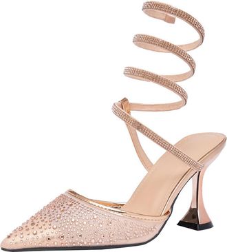 Generic High Heels Sandals for Women Diamante Mesh Wedding Shoes Stiletto Heel 8.5CM Wrapped Ankle Strap Party Dress Heel (Champagne gold,7.5)