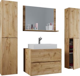 ebuy24 Ebuy24 - Vcm 5pcs Lavabo Lavabo Gabinete Inferior Ancho 80 Cm Muebles De Ba&ntilde;o Conjunto Con Cajones Puertas Giratorias Espejo Lendas Xl (roble Miel)