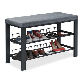 Relaxdays Relaxdays - Banco Zapatero, Organizador Zapatos Recibidor, Acolchado, 2 Baldas, Tela, Metal, 50,5x82x33cm, Gris Y Negro