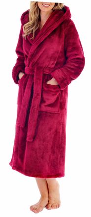 Slenderella Ladies Super Thick Soft Plain Dark Pink Velvet Fleece Self Tie Belt Hooded Bath Robe Dressing Gown House Coat Small 10 12