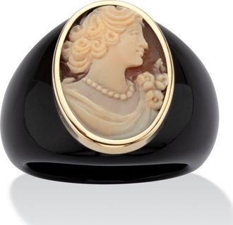 Palm Beach Jewelry Oval-Shaped Genuine Shell Cameo Genuine Onyx 10k Yellow Gold Classic Cameo Ring