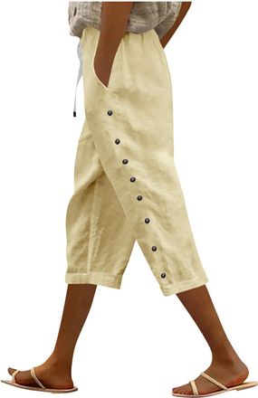 Generic Ladies Cropped Trousers 3/4 Length Trousers for Women Cotton Blend Joggers with Pocket Side Button Summer Pants Capris Straight Leg Palazzo Pants Holi