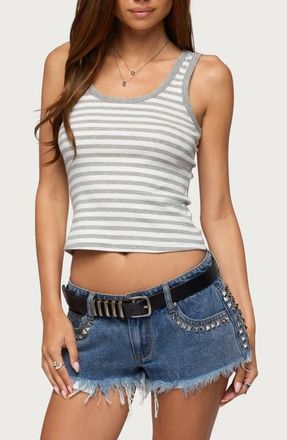 Edikted Althea Stripe Scoopneck Stretch Cotton Tank in Gray-Melange-And-White at Nordstrom, Size X-Small