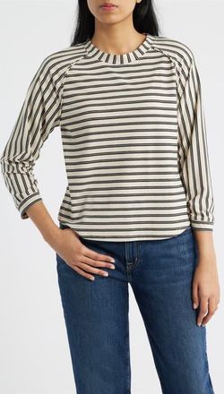 Wit & Wisdom Stripe Three Quarter Sleeve Top in Ecru/Black at Nordstrom, Size X-Small