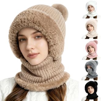 Generic 3 in 1 Hat for Women Winter Cap with Neck Warmer Scarf Mask Hats for Outdoor Skiing Hiking Winter Snow Caps Plush Hat Khaki