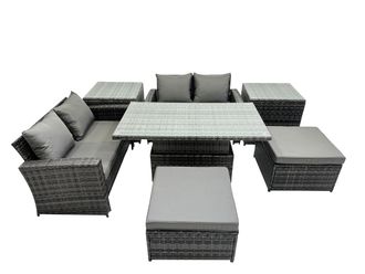 Fimous Outdoor Love Sofa Set 6 Seat Rattan Garden Furniture Set & Big Stool in Dark Grey