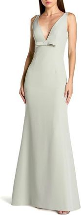Mac Duggal Petite Crepe Sleeveless V Neck Sheath Gown With Bow in Sage at Nordstrom, Size 12