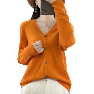 Generic Womens Solid Merino Wool Cardigan Jumpers V-Neck Solid Color Long Sleeve Jumpers Warm Lightweight Top Orange L