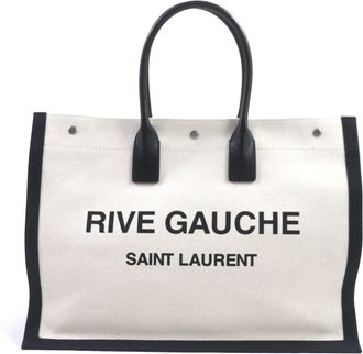 Saint Laurent Beige Black Canvas Leather Tote Bag (Pre-Owned)