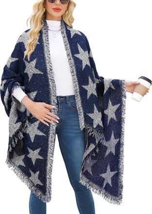 Heekpek Women Large Oversized Scarf Pashmina Wrap Poncho Thick Style Scarf Patchwork Cape Shawl (Star-navy)(Size: One Size)