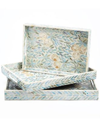 Tozai Home Palawan Flower Set Of 3 Mother-Of-Pearl Lacquered Trays