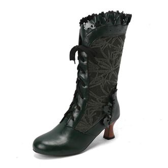 Generic Womens Lace Up Mid-Calf Boots Kitten Heel Vintage Victorian Boots Round Toe PU Leather Punk Boot,Green,10.5 UK