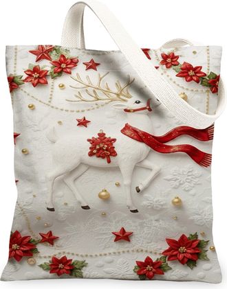 Generic Christmas Reindeer Canvas Tote Bags, Holiday Floral Design Lightweight Washable Shoulder Bags, Winter Decorative Reusable S, White, 13x15 Inch