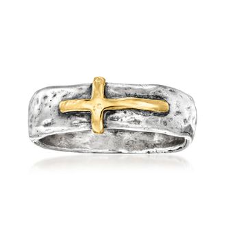 Ross-Simons Sterling Silver and 14kt Yellow Gold Sideways Cross Ring