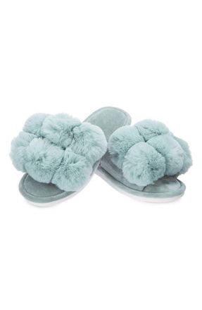 MeMoi Luxe Faux Fur Pom Memory Foam Slipper in Sea Blue at Nordstrom, Size Medium