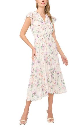 CeCe by Cynthia Steffe Floral Flutter Sleeve Midi Dress in New Ivory at Nordstrom, Size Medium