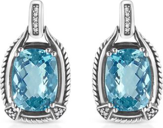 House of Brilliance 925 Sterling Silver 14x10MM Cushion Cut Blue Topaz Gemstone and Diamond Accent Dangle Earring