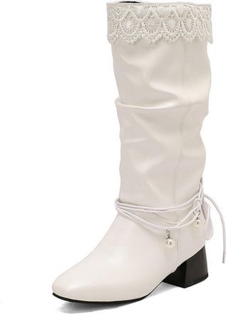 Generic Womens Square Toe Vintage Dress Boots Pull on Mid-Calf Boots Mid Block Heel Long Boot with Pearl,White,4.5 UK