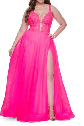 La Femme Deep V Plus Size Tulle Dress with Lace Illusion Bodice in Neon Pink at Nordstrom, Size 18W