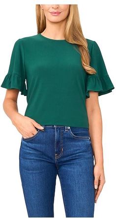 CeCe by Cynthia Steffe Short Sleeve Ruffle Detail High Low Top Womens Clothing Alpine Green : SM, Polyester/Spandex