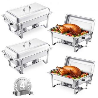 OEM Juego De 4 Platos Para Calentar Alimentos De Acero Inoxidable Con 4 Sartenes Tama&ntilde;o Completo(7,5 L), Rectangular, Para Catering Con Tapa, Soporte Para