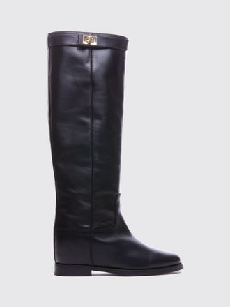 Via Roma 15 Knee-High Smooth Leather Wedge Boots with Strap Details