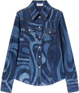 Pucci Marmo-print denim shirt - women - Cotton - 40 - Blue