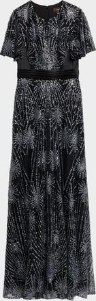 Theia Lavina Short-Sleeve Beaded Mesh Gown