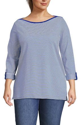 Lands End Plus Size Supima Cotton Adjustable 3/4 Sleeve Boatneck Tunic in Cobalt/ivory Micro Stripe at Nordstrom, Size 1X