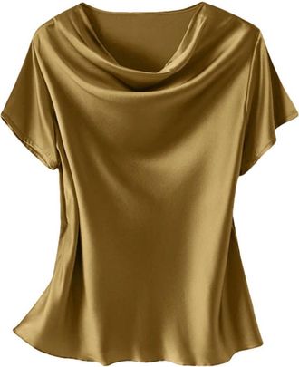 Generic Women Crew Neck Short Sleeve Solid Color Satin Shirt Female Casual Work Tunic Tops Yellow L