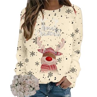 Generic Christmas Women UK Funny Reindeer Printed Pullover Sweatshirt Casual Long Sleeve Novelty Ladies Tunic Tops Crew Neck Sweater Tops Blouse Wine Glass Pr