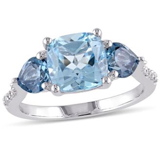 Amour 3 1/2 CT TGW Cushion Cut Sky and London Blue Topaz and Diamond Accent Ring In Sterling Silver