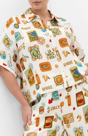 City Chic Amore Amalfi Print Button-Up Shirt in Creme La Dolche at Nordstrom, Size Xxxs