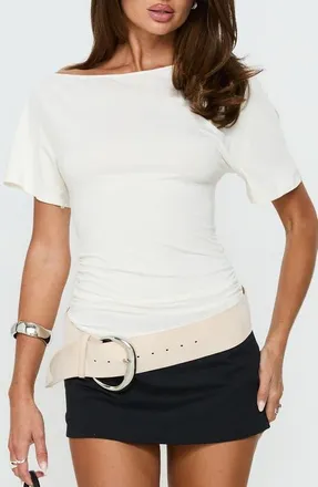 Princess Polly Luckiest Girl Bateau Neck Off Shoulder Cinched Top in Cream at Nordstrom, Size 12