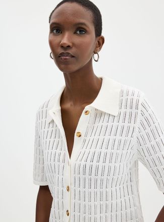 Contemporaine Womens 100% cotton openwork Polo Shirt-collar cardigan